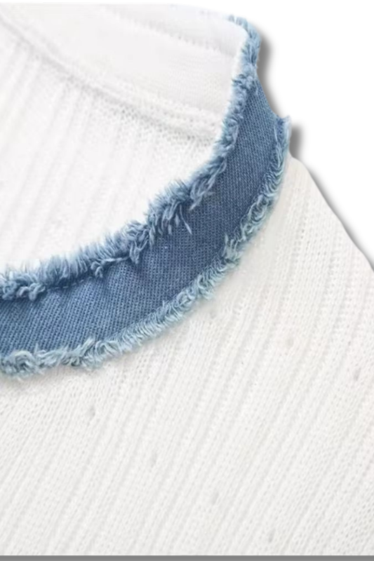 KATHI - Elegant knitted dress with denim patchwork